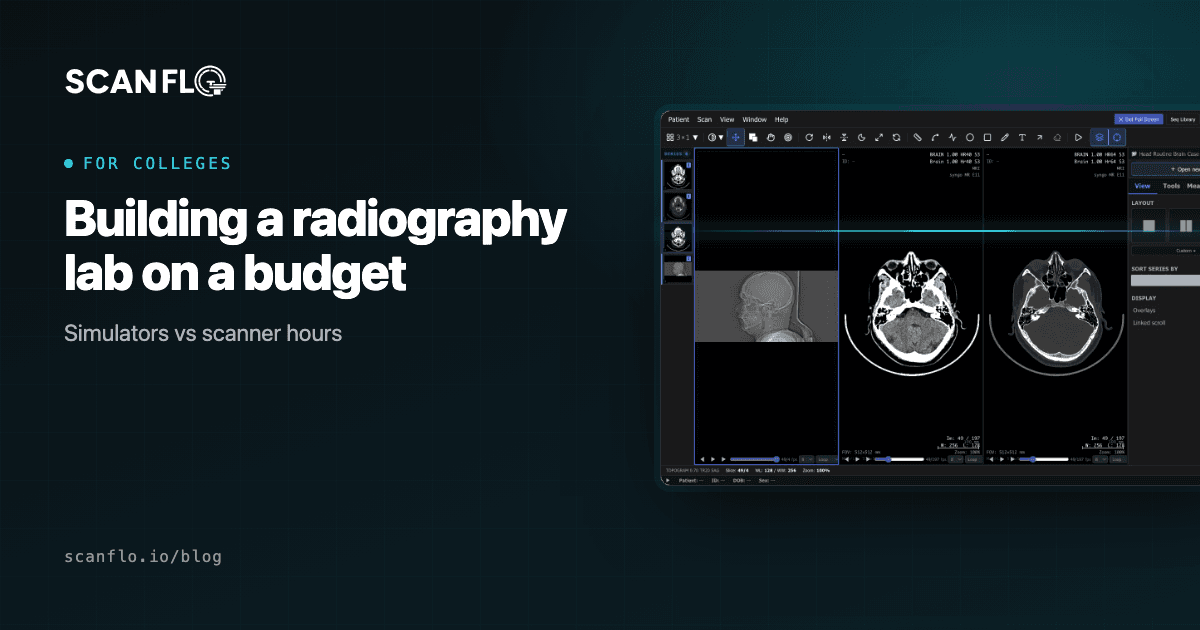 ScanFlo CT viewing workspace beside the title 'Building a radiography lab on a budget'