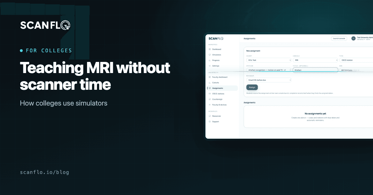 ScanFlo MRI console beside the title 'Teaching MRI without scanner time'