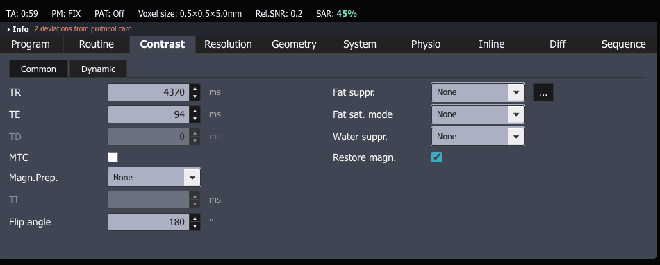 ScanFlo MRI parameter card, Contrast tab: TR 4370 ms, TE 94 ms, flip angle 180°, with the Fat suppr., Fat sat. mode and Water suppr. selectors on the right.