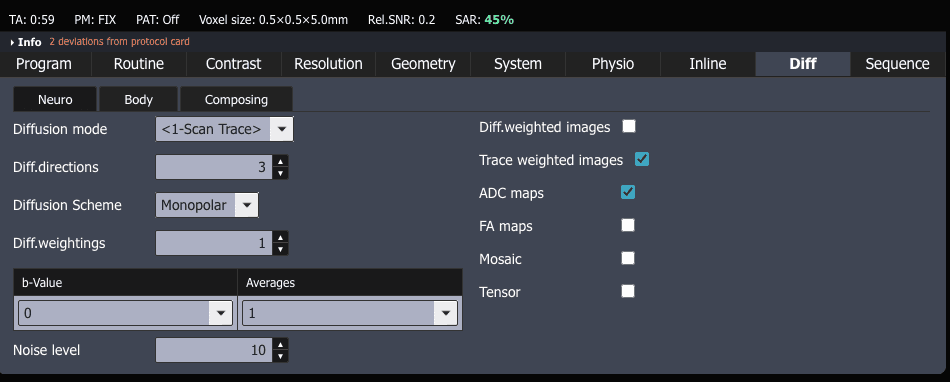 ScanFlo MRI parameter card, Diff tab: diffusion mode 1-Scan Trace, 3 directions, monopolar scheme, a b-value table, and output options with Trace weighted images and ADC maps ticked.