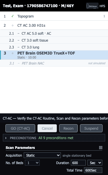 ScanFlo PET-CT exam list and Scan Parameters for a Brain FDG study: PET Brain OSEM3D PSF+TOF, acquisition Static, single stationary bed, number of beds locked at 1, duration 600 seconds, total time 600 seconds.