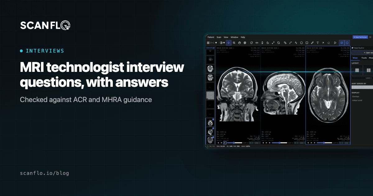 ScanFlo MRI console beside the title 'MRI technologist interview questions, with answers'