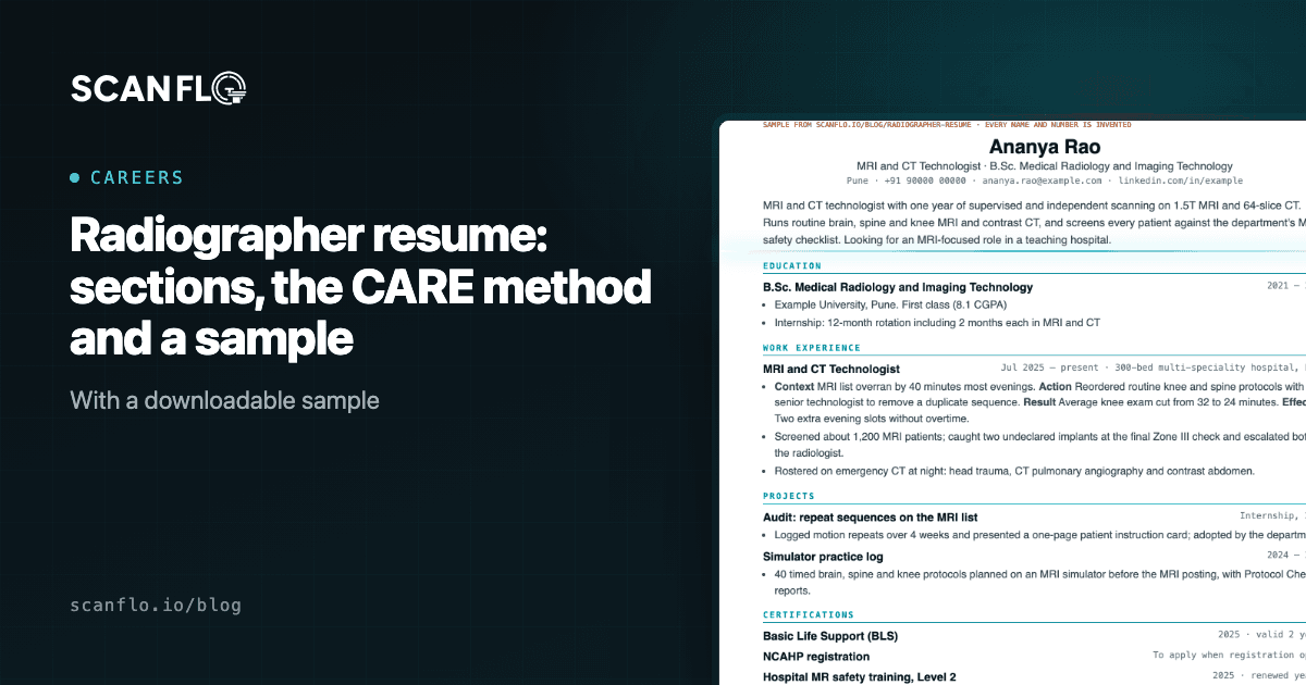 A sample one-page radiographer resume beside the title 'Radiographer resume: sections, CARE method and a sample'