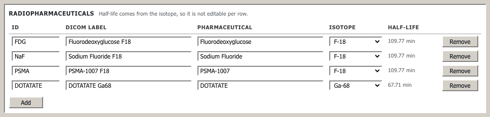 ScanFlo PET-CT radiopharmaceutical table: FDG as Fluorodeoxyglucose F18, NaF as Sodium Fluoride F18 and PSMA as PSMA-1007 F18, all F-18 with a half-life of 109.77 minutes, and DOTATATE Ga68 with a half-life of 67.71 minutes.